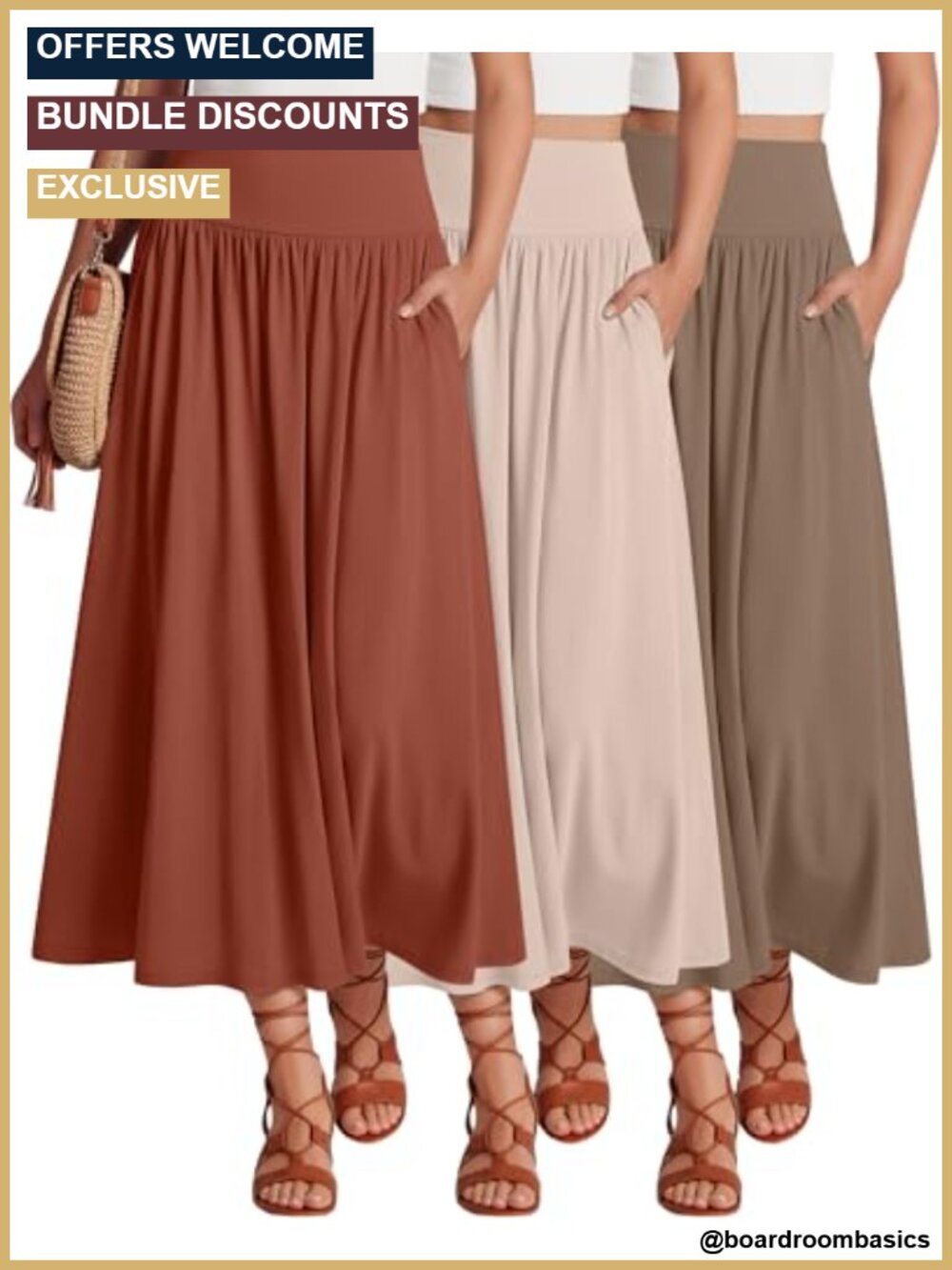 3 Pack Maxi Long Skirts for Women Pleated A-Line Ankle Length with Pockets